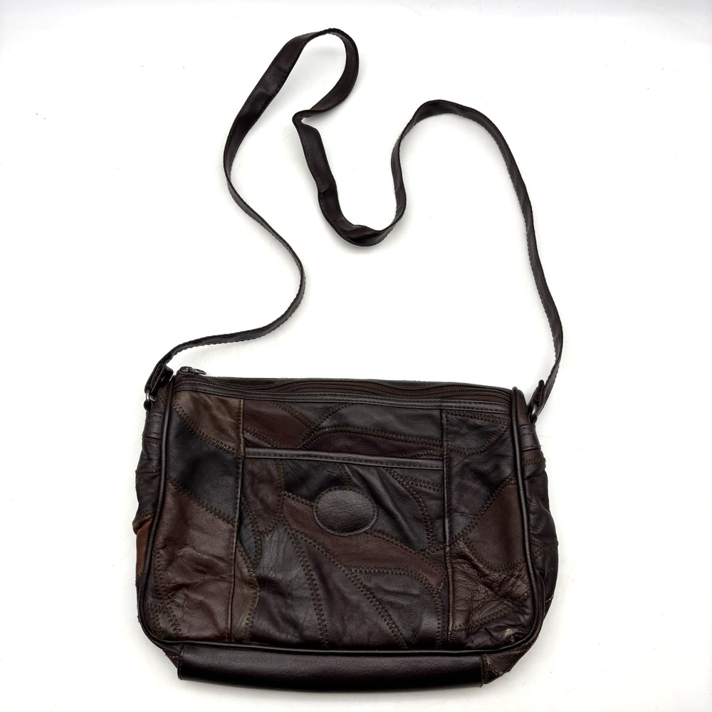 Vintage 80s Brown Patchwork Genuine Leather Shoulder Bag Purse 12x8.5"